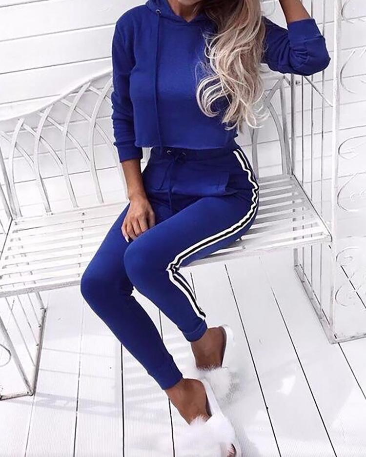 

Contrast Stripes Drawstring Cropped Suit Set - Dark Blue