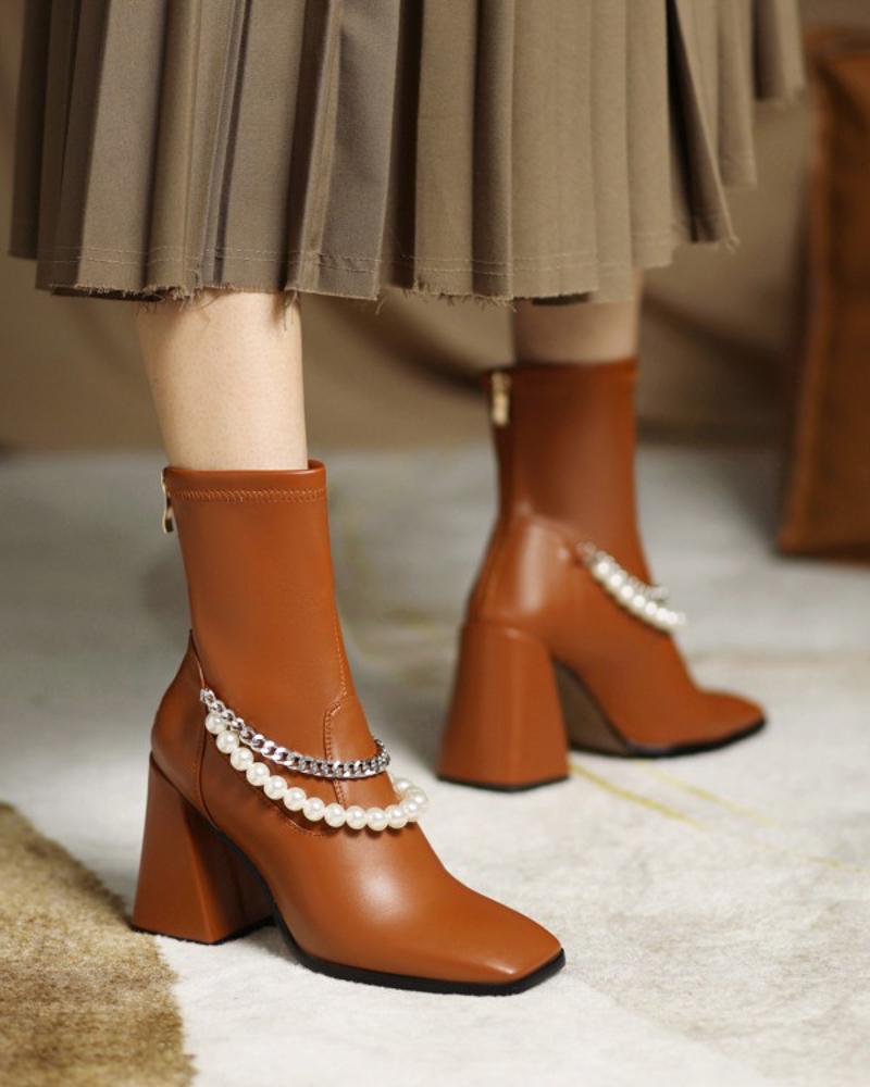 

Womens Faux Pearl Chain Decoration Square Toe High Heel Booties, Brown