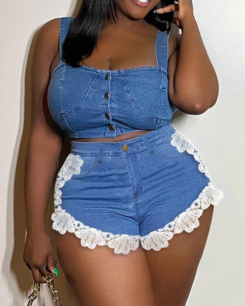 

Zipper Fly Contrast Lace Denim Shorts, Lighted blue