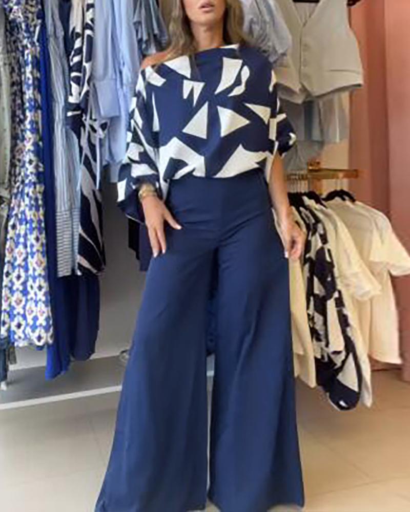 

Conjunto de pantalones anchos y top con mangas de murciélago en bloques de color, Purplish blue