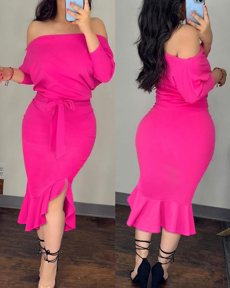 

Batwing Sleeve Off Shoulder Tied Detail Mermaid Dress, Hot pink