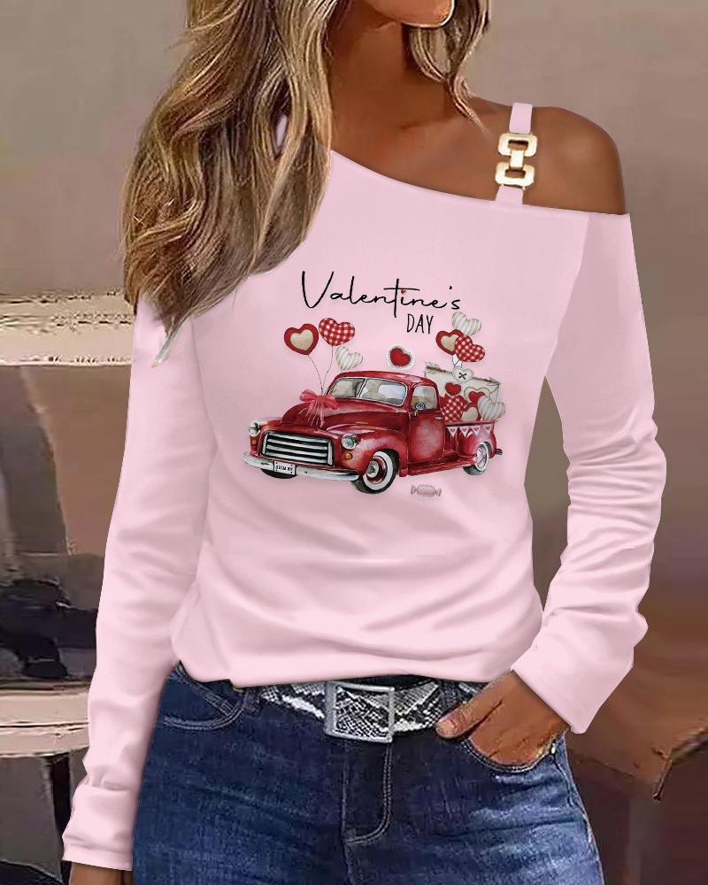 

Valentine' Day Heart Graphic Print Cold Shoulder Top, Pink