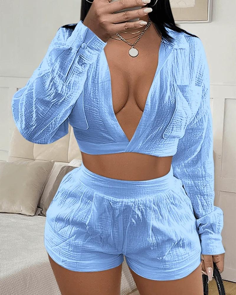 

Pocket Design Crop Top & Shorts Set, Blue