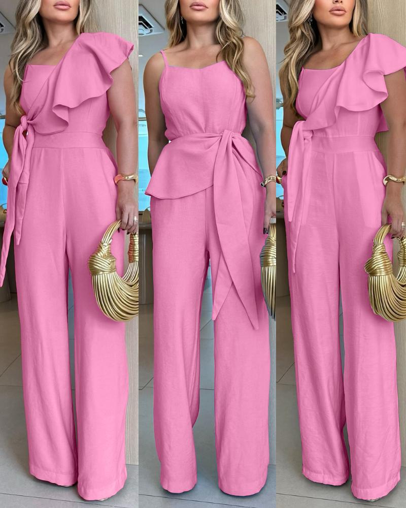 

V Neck Spaghetti Strap Ruffles Tied Detail Jumpsuit Casual Loose Fit Romper, Pink