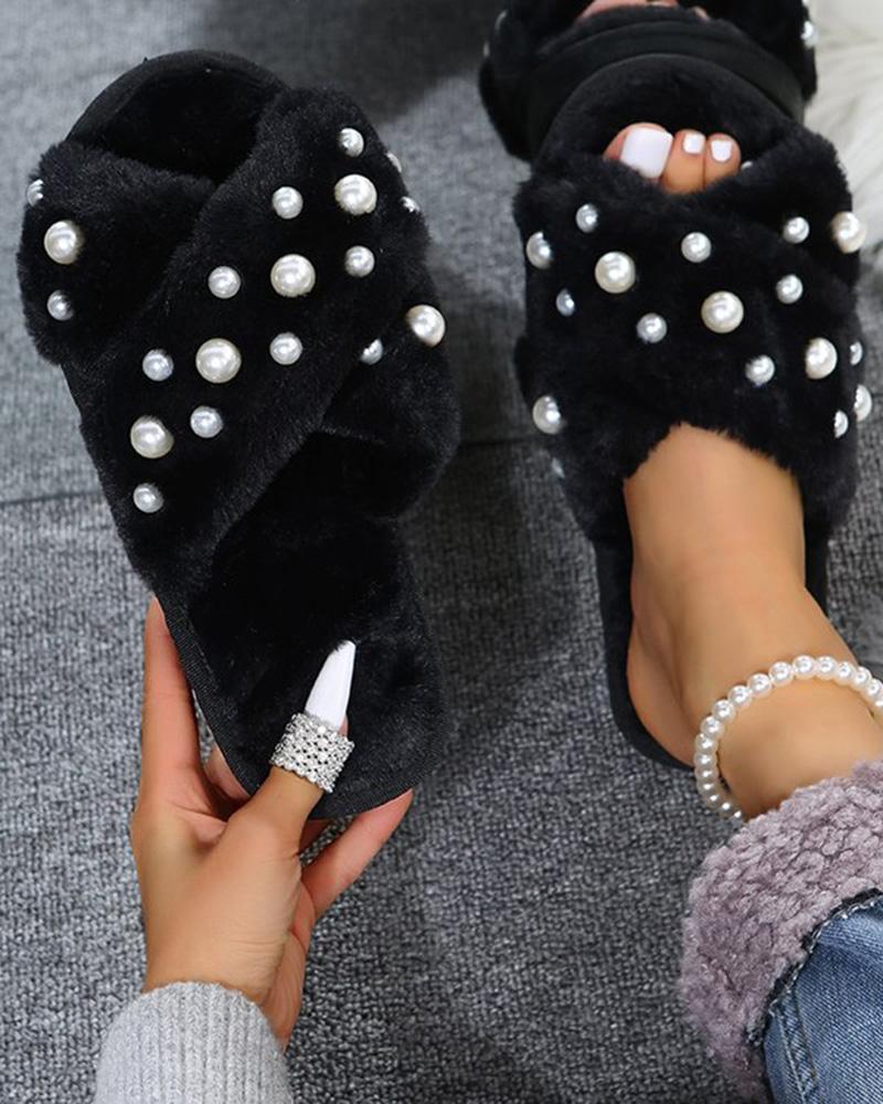 

Pearls Cross Strap Fuzzy Slippers, Black