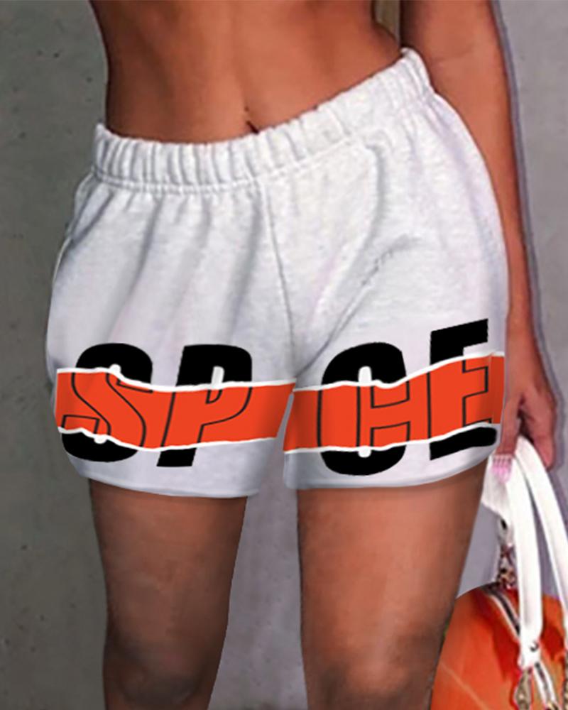 

Letter Pattern Print Colorblock Casual Shorts, White