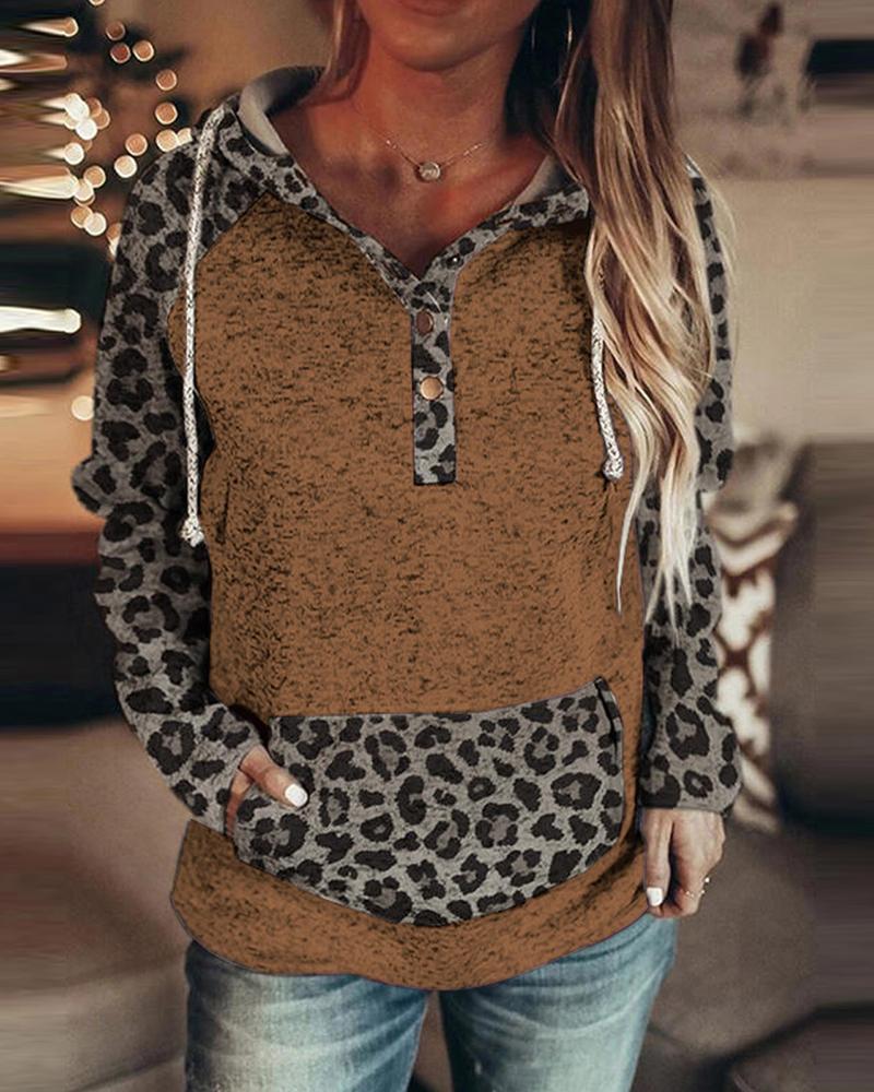 

Leopard Print Pocket Design Casual Hoodie, Khaki