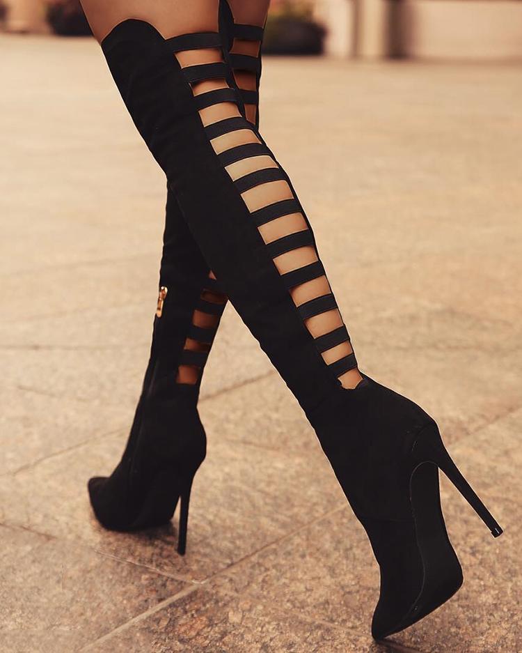 

Back Ladder Cutout Knee-high Stiletto Boots, Black