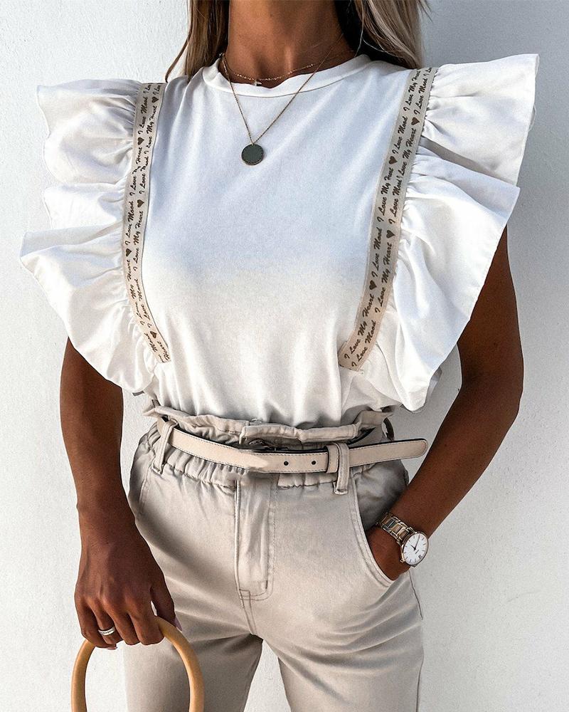 

Solid Color Splicing Letter Strap Ruffle Hem Sleeveless T-shirt, White
