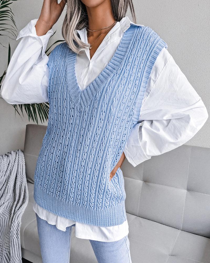 

V Neck Hollow-out Knit Tank Top, Blue