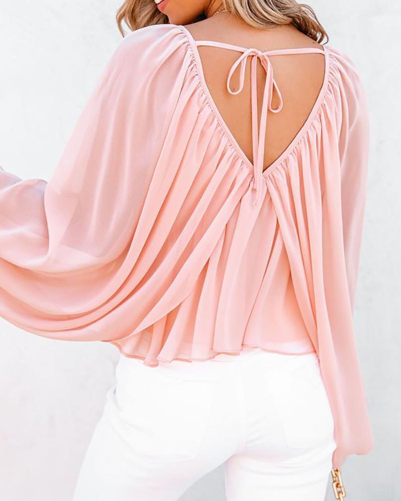 

Tied Detail Backless Ruched Batwing Sleeve Top, Pink