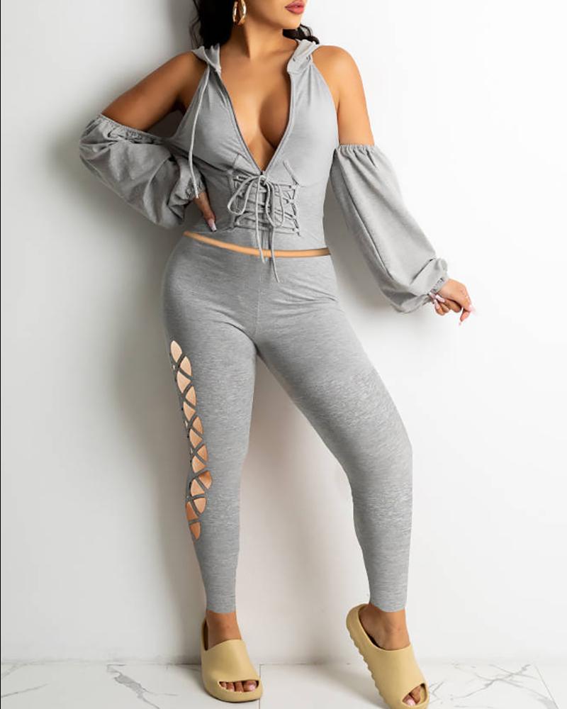 

Cold Shoulder Lace-up Hooded Top & Cutout Pants Set, Gray