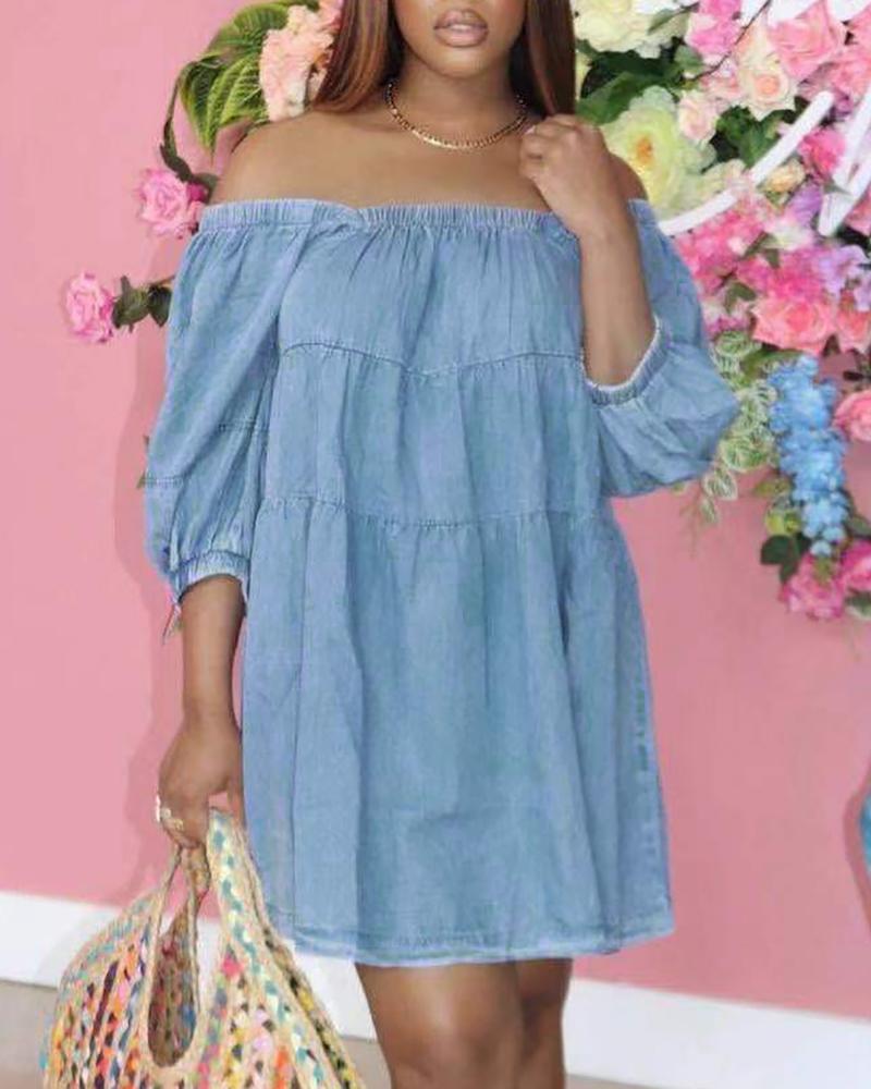 

Off Shoulder Ruched Casual Denim Dress, Blue