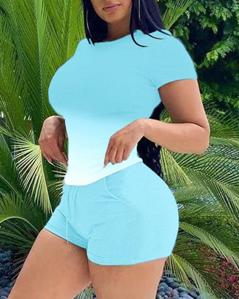 

Ombre Casual Top & Drawstring Shorts Set, Blue