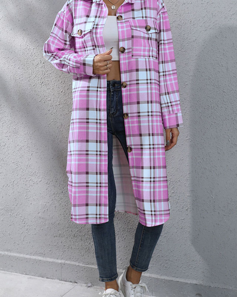 

Plaid Print Flap Detail Button Down Longline Shacket, Pink
