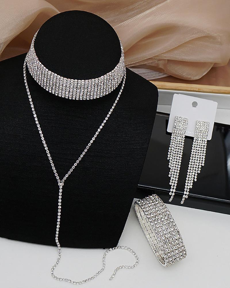 

Rhinestone Decor Necklace & Tassel Design Earrings & Bracelet Set, Silver