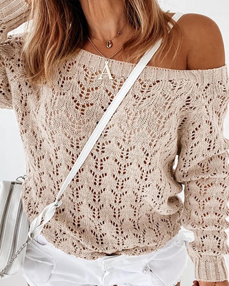 

Plain Hollow-out Long Sleeve Knit Sweater, Khaki