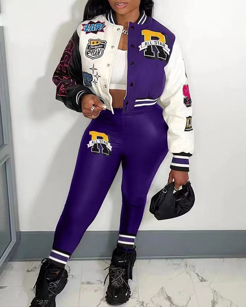 

Colorblock Graphic Print Baseball Jacket & Pants Set, Purple