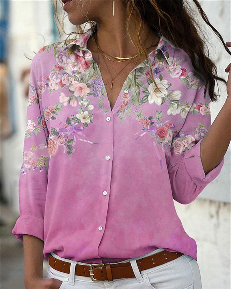 

Floral Print Long Sleeve Button Down Shirt, Pink