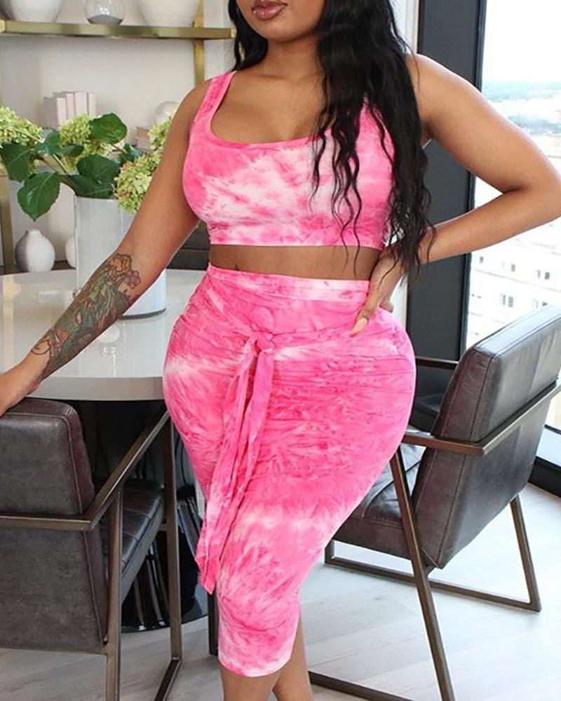 

Tie Dye Print Top & Tied Detail Maxi Skirt Set, Pink
