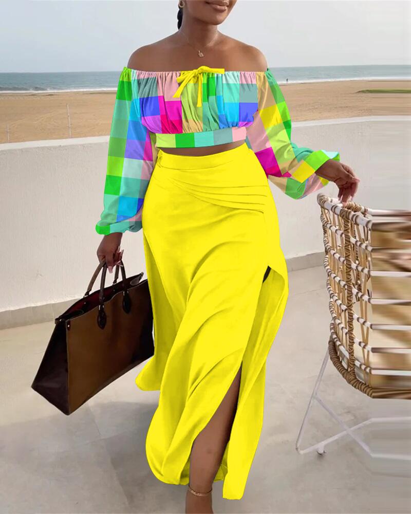 

Colorful Plaid Off Shoulder Top & Slit Skirt Set, Yellow