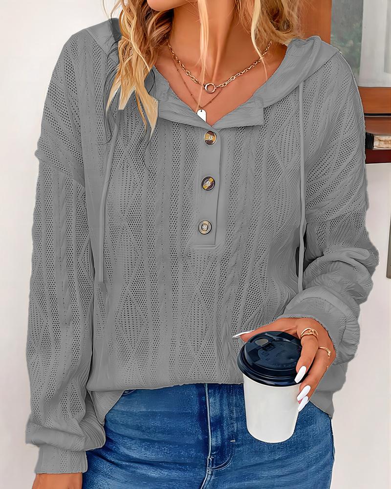 

Hollow Out Buttoned Hooded Top, Gray
