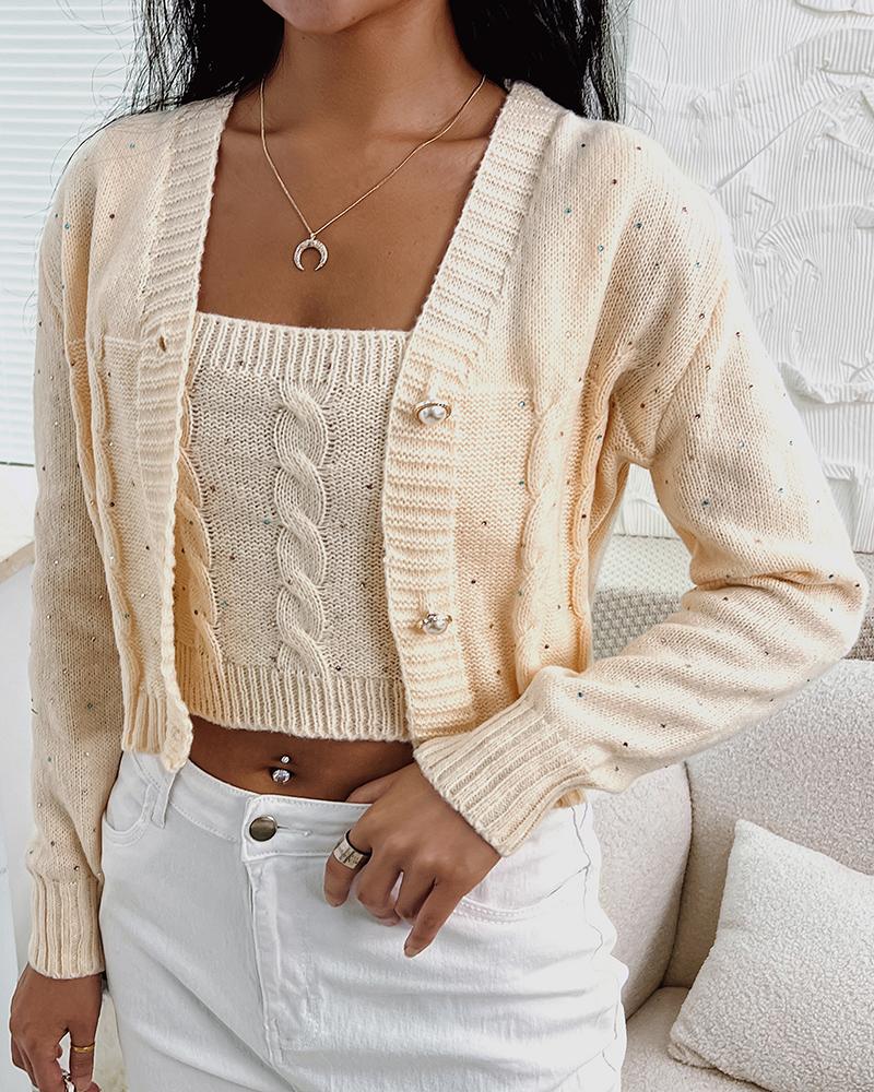 

Rhinestone Decor Buttoned Crop Cardigan With Tank Top, Beige