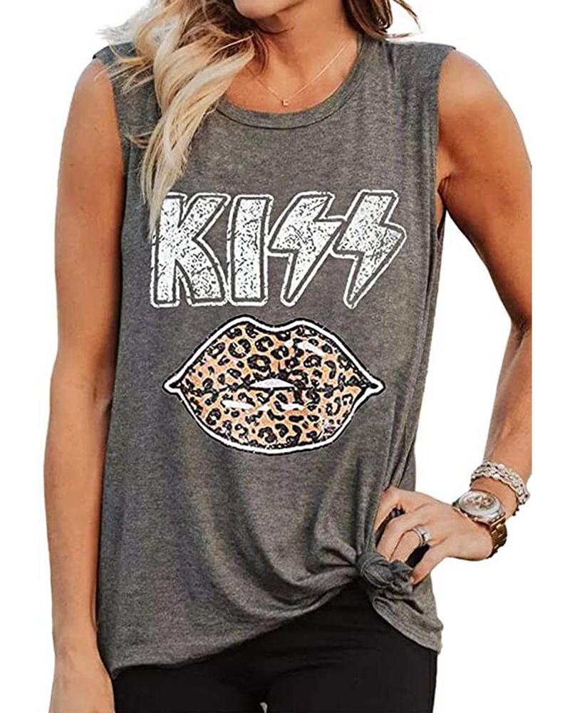 

Women' Casual Tee Letter Kiss Leopard Lip Print Sleeveless Tank Top, Gray