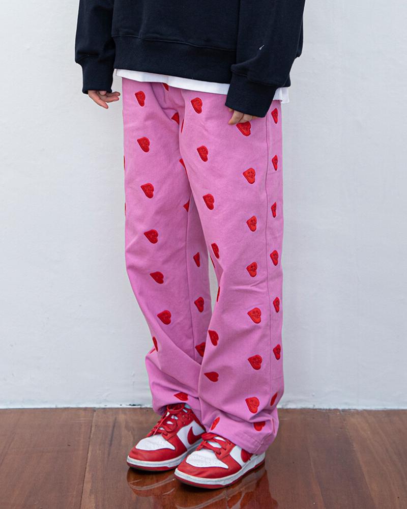 

Heart Print Straight Baggy Pants, Pink