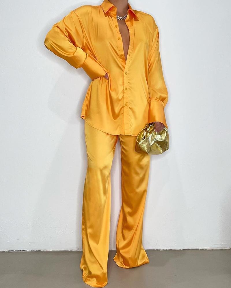

Satin Buttoned Long Sleeve Shirt & High Waist Pants Set, Dark yellow
