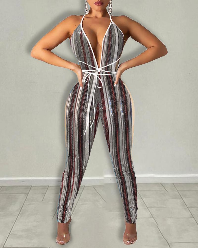 

Halter Colorful Sequins Tied Detail Jumpsuit, Gray