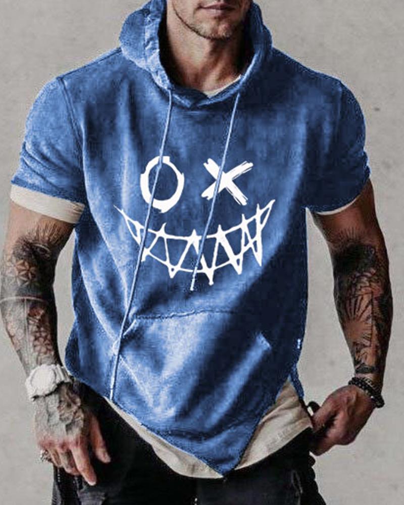 

Graphic Print Short Sleeve Loose Hooded Sweatshirts, Blue