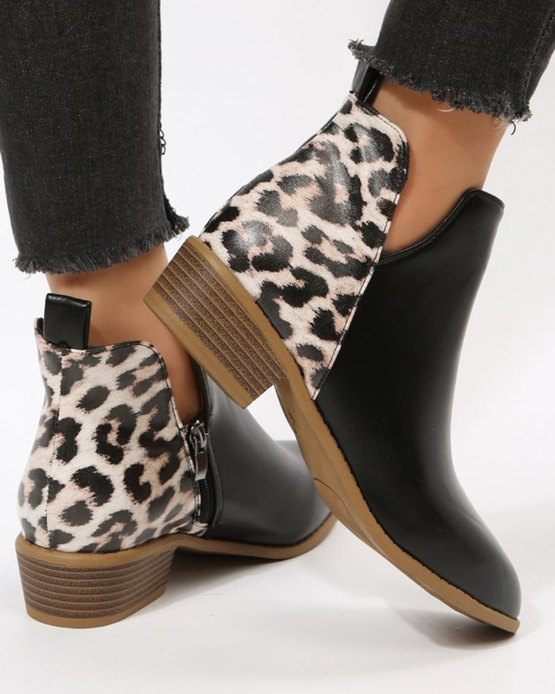 

Cheetah Colorblock Slit Ankle Boots, Black&leopard