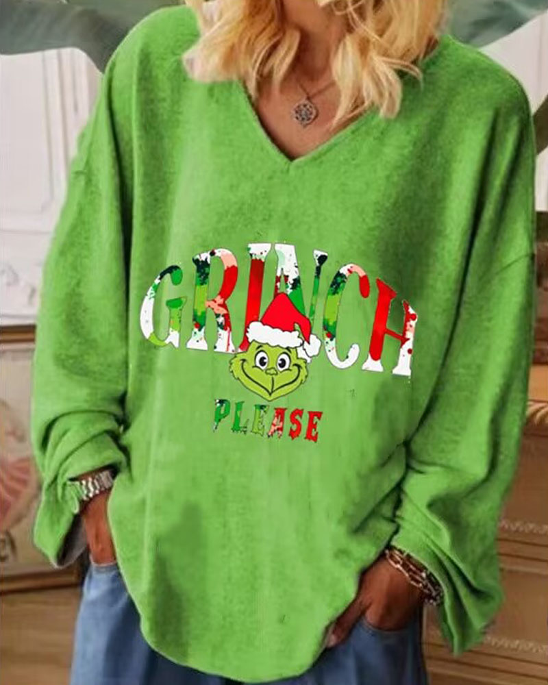 

Plus Size Grinch Stole Christmas Print Long Sleeve Top, Green