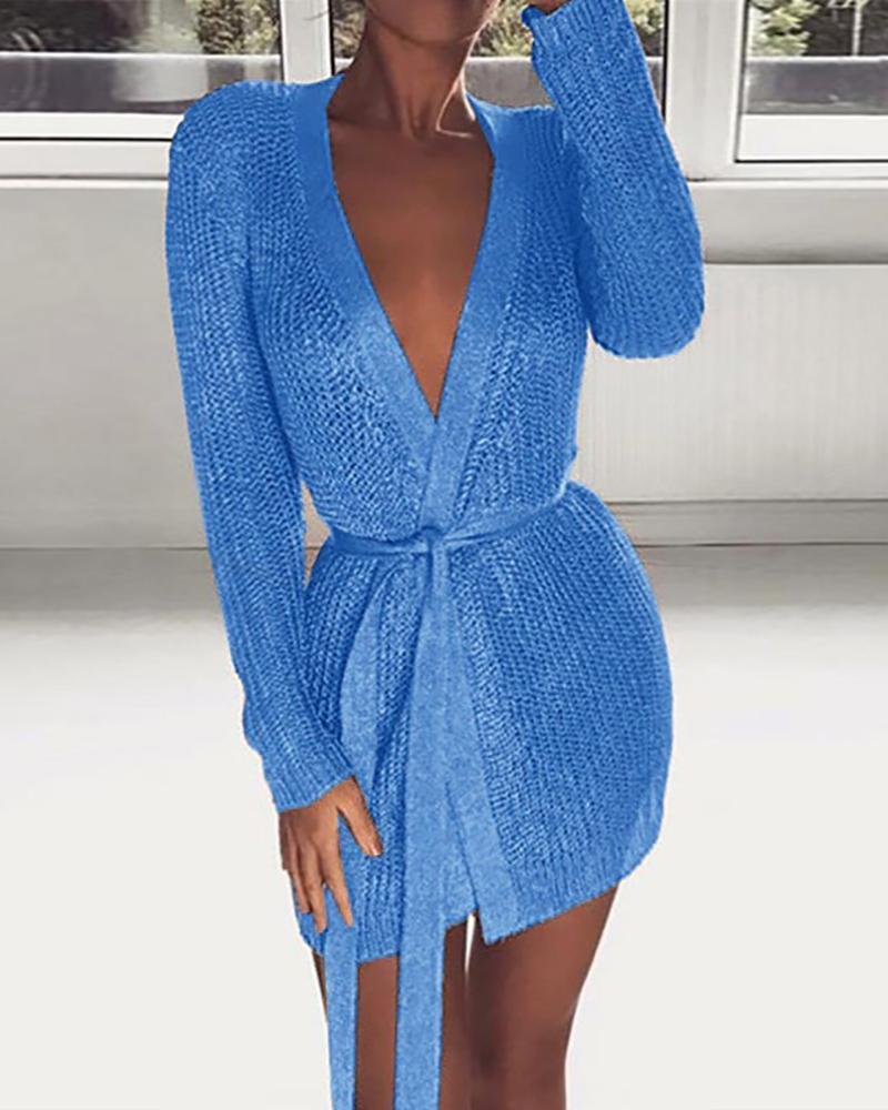 

Knit Long Sleeve Cardigan With Belt, Blue
