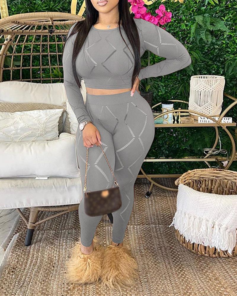 

Hollow Out Long Sleeve Crop Top & Skinny Pants Set, Gray