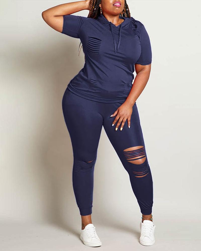 

Plus Size Ladder Cutout Casual Top & Pants Set, Dark blue