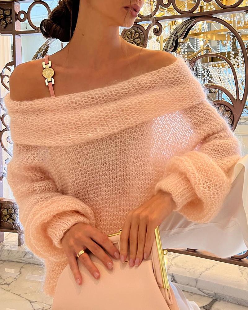 

Off Shoulder Lantern Sleeve Chain Decor Sweater, Pink