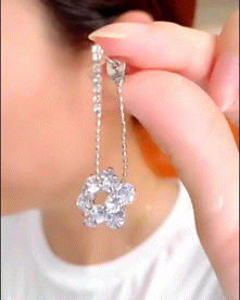 

1Pair Zircon Floral Shaped Dangle Line Earrings, Silver