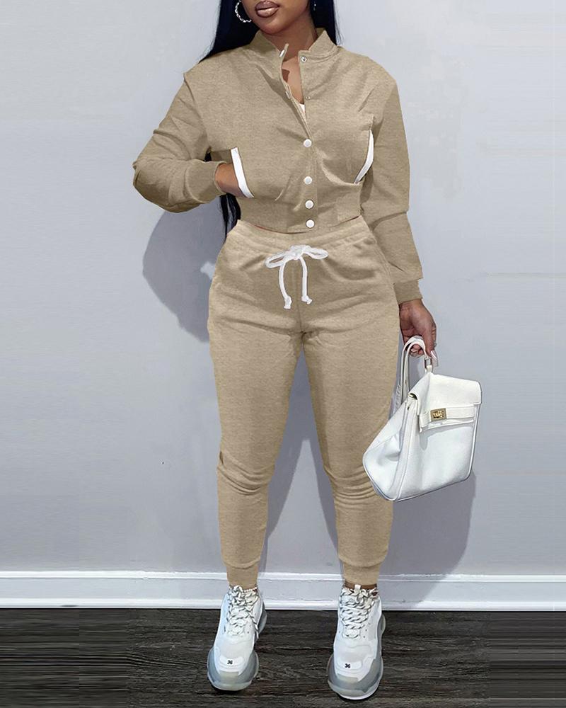 

Pocket Design Buttoned Baseball Jacket & Pants Set, Khaki