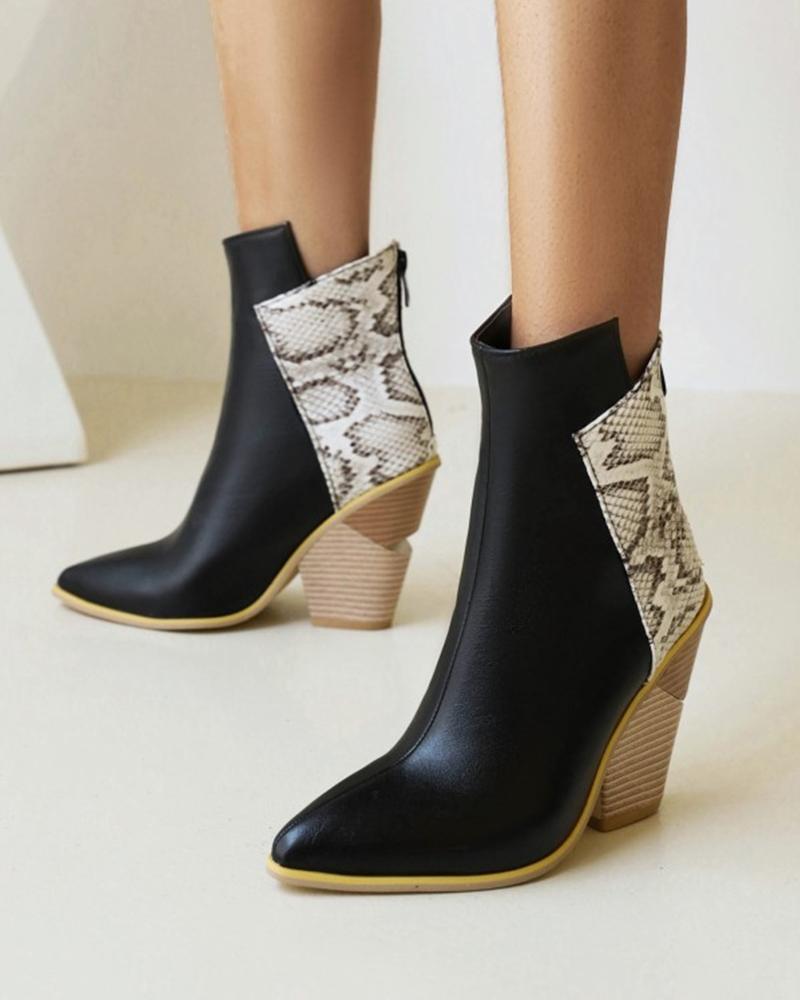 

Womens Pointed Toe Patchwork High Heeled Ankle Boots, Black&white