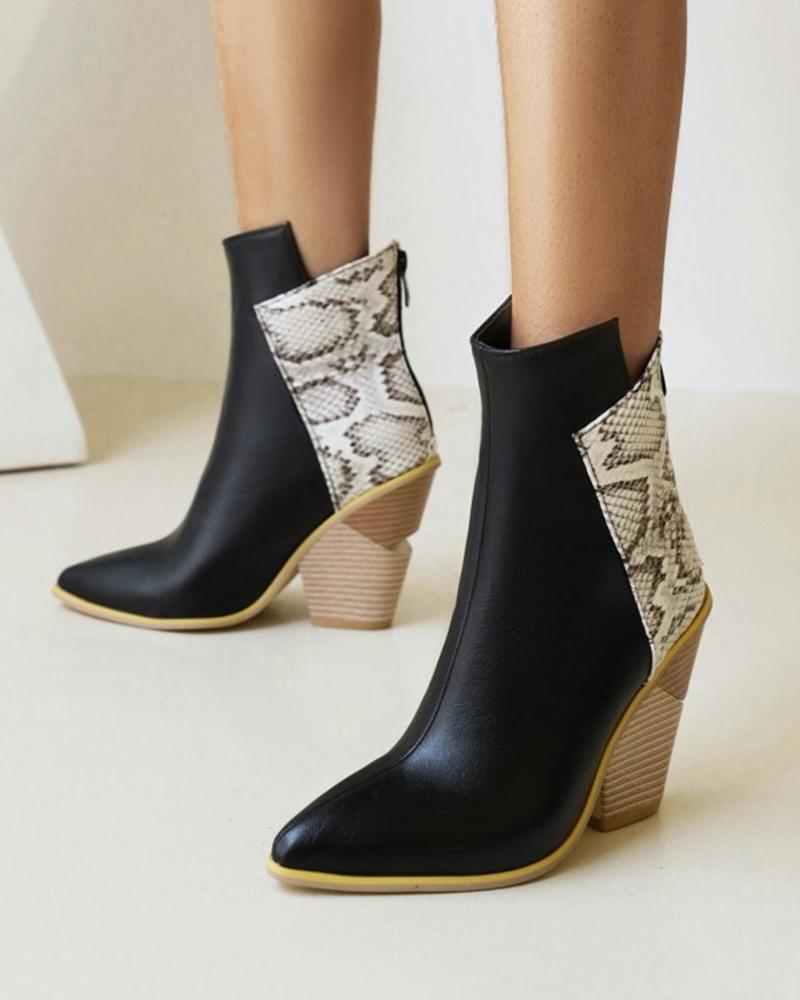 

Womens Pointed Toe Patchwork High Heeled Ankle Boots, Black&white