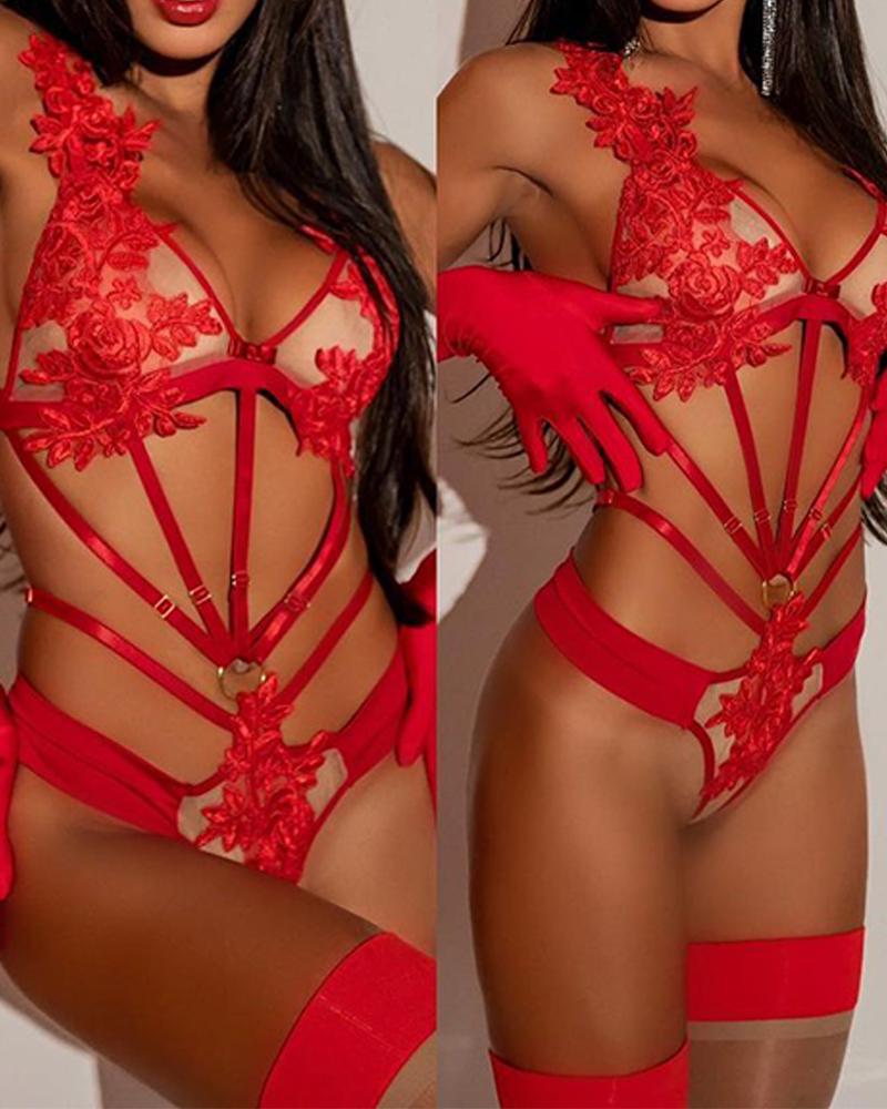 

Guipure Lace Sheer Mesh Bandage Teddy, Red