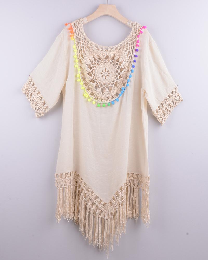 

Colorful Pom Pom Tassel Design Cutout Cover Up Dress, Beige