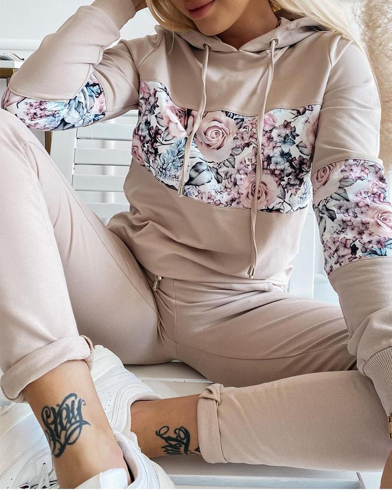 

Floral Patchwork Drawstring Hooded Long Sleeve Top & Pants Set, Apricot