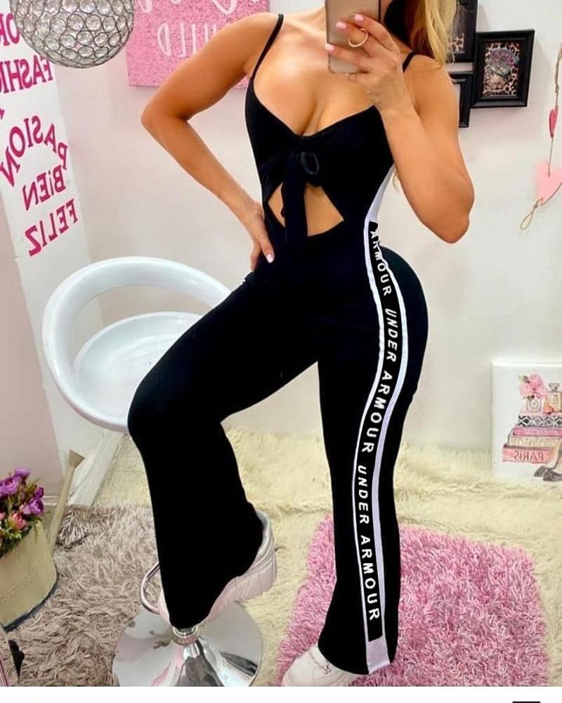 

Knotted Letter Print Cutout Front Jumpsuit, Black