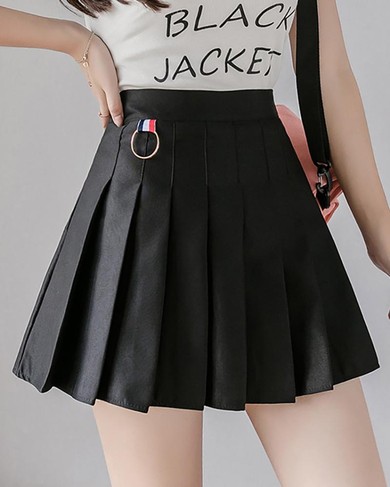 

O-Ring Decor High Waist Pleated Skirt, Black