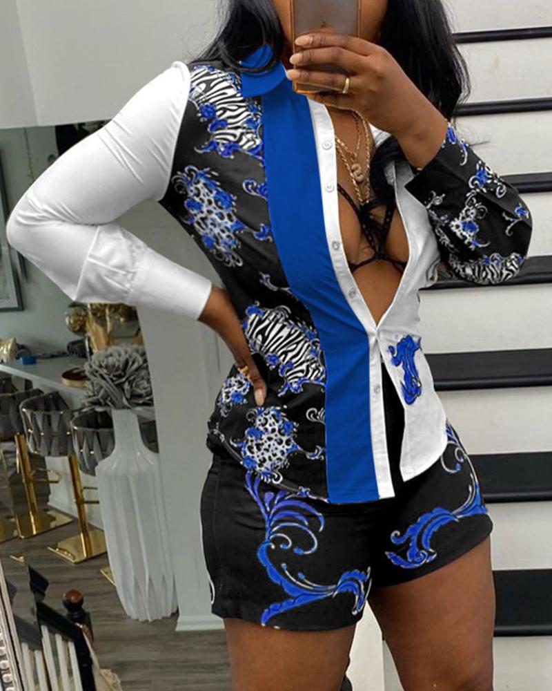 

Plus Size Baroque Print Button Down Shirt & Shorts Set, Blue