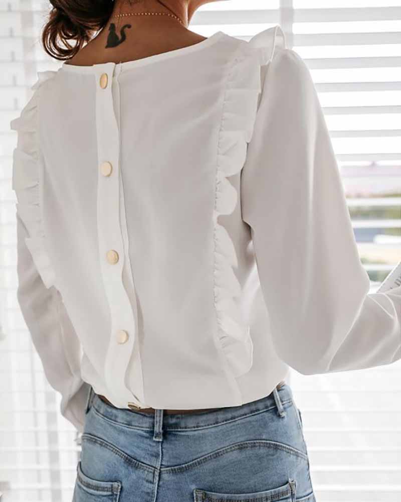 

Long Sleeve Button Decor Frill Hem Top, White