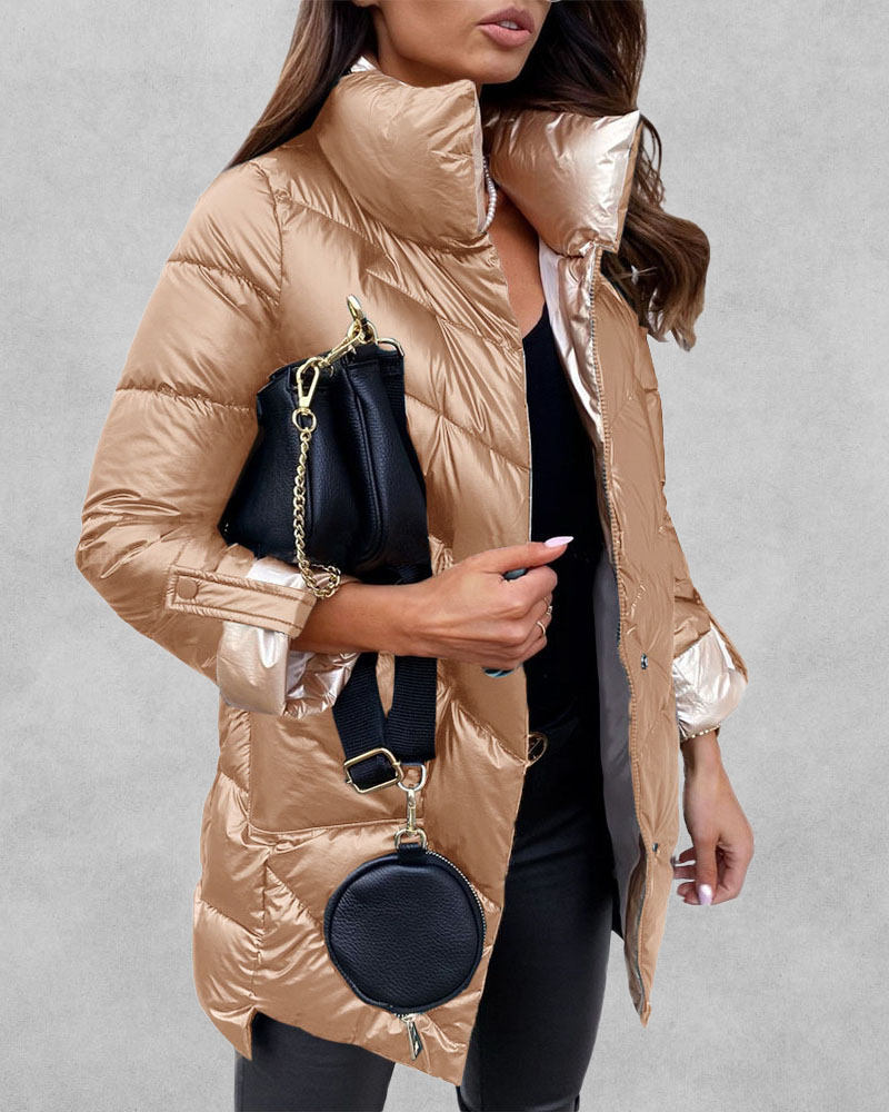 

Roll Up Sleeve Button Zip Front Puffer Coat, Champagne